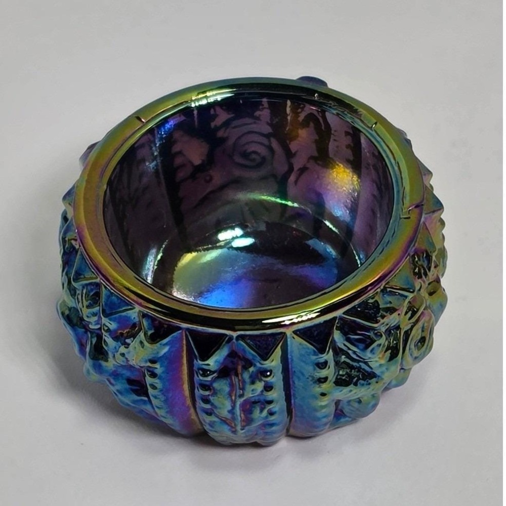 Vintage Iridescent Carnival Glass Salt Cellar Floral Embossed Oil Slick Blue HTF